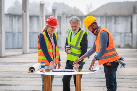 New Construction & Development Web Photo | 1st National Bank 3 people looking at blue prints new construction and development business lending 1st national bank