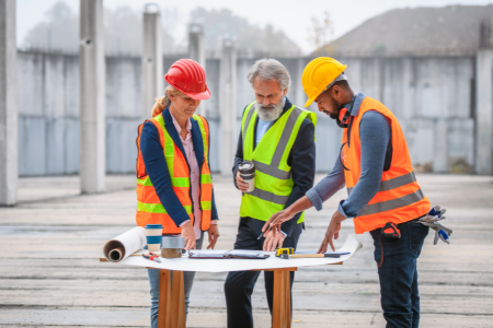 3 people looking at blue prints new construction and development business lending 1st national bank