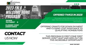 1st National Bank 2023 FHLB Welcome Home Program Grant money down payment closing cost assistance homebuyers