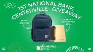 1st National Bank Centerville February Giveaway 2023 carhartt backpack solar power bank