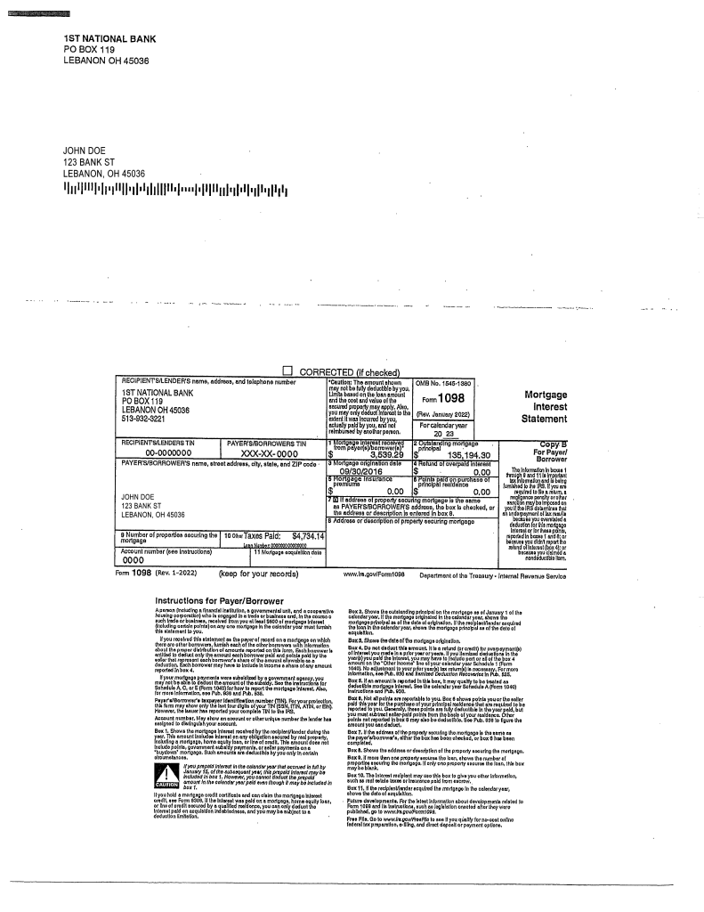 A close-up photo of a corrected 1st national bank mortgage1098 tax document, with the focus on the amount due, which is  alt=